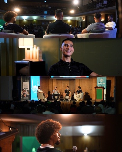 Event coverage montage showing live panel discussions and speakers